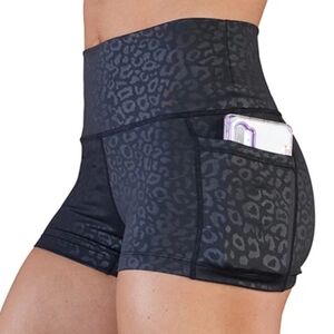 Women's Athletic Shorts with Pocket - Black Leopard Print